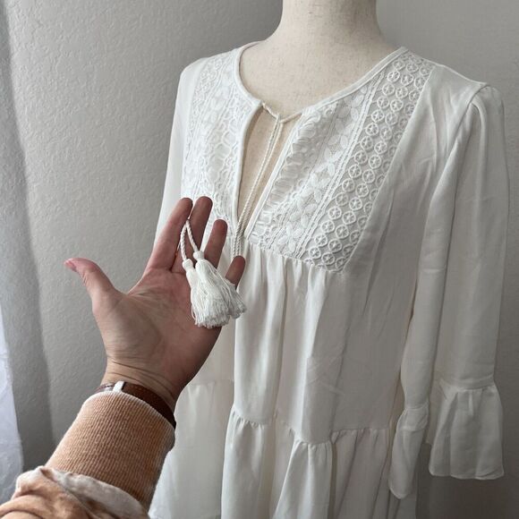 BMJL Swim Cover Up Mini Dress Women Size M White Boho NWT Beachy 3/4 Sleeve - Picture 4 of 7